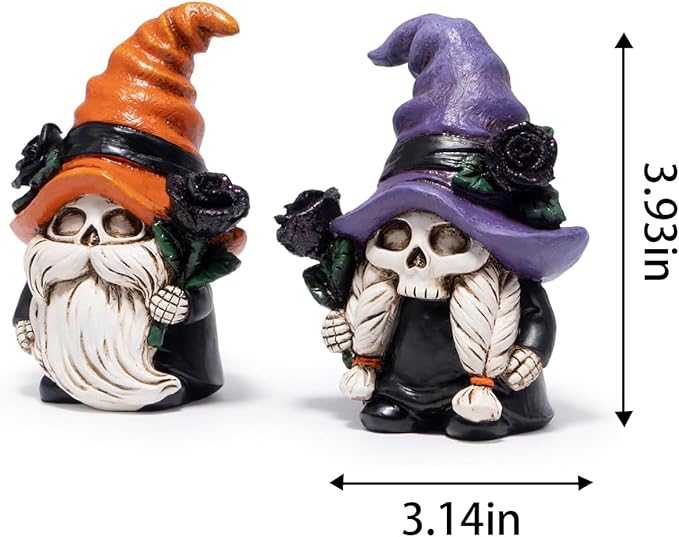 Hodao Halloween Gnomes Decorations Indoor, Resin Halloween Skull Head Handmade Figurines with Witch Hat & Rose Decor for Gift Home Bedroom Party Office Table - 2 Pcs, Orange & Purple