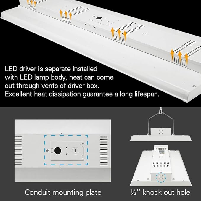 4FT LED High Bay Light - Pack of 2-300W - 42000LM - 1-10V dimmable - 5000K - UL and DLC Listed - Replaces 8 Lamp Fluorescent T5 Fixture