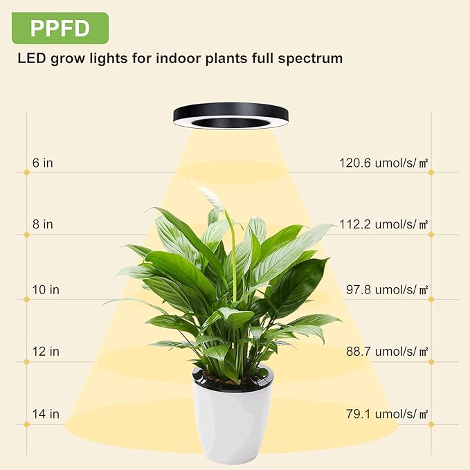 Full Spectrum Grow Light for Indoor Plants, 72 LEDs Halo Plant Light with Auto On/Off Timer (4/8/12H), 10-Level Brightness, 3 Lighting Modes, for Small Plants & Seedlings (Black, One Head)