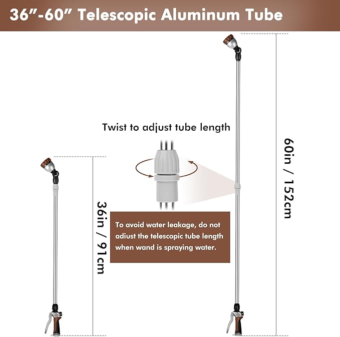 RESTMO 36”-60” Metal Watering Wand, Long Telescopic Tube | 180° Adjustable Ratcheting Head | 7 Spray Patterns | Flow Control, Garden Hose Sprayer to Water Hanging Baskets, Shrubs, Brown