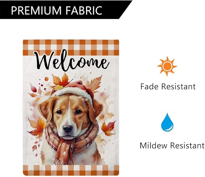 Autumn Dog Garden Flag with Falling Maple Leaves Design Double Sided Farmhouse Welcome Decorative Small Burlap Flags 12.5 x 18 Inch for Fall Harvest Thanksgiving Decor (Orange)