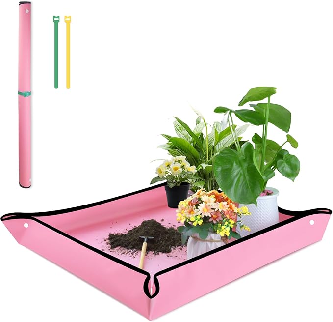 SupKing Repotting Mat for Indoor Plant Transplanting 29.5"x 29.5" Pink Garden Mat for Plant Lovers Oxford Fabric Portable Potting Tray for Gardening Mess Control