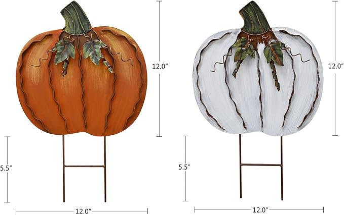 Morning View Pumpkin Garden Stakes Metal Yard Sign Fall Decor Outdoor Autumn Yard Stake Art Pumpkin Lawn Ornaments for Patio Porch Thanksgiving Halloween Harvest 17.5 Inches Tall Set of 2