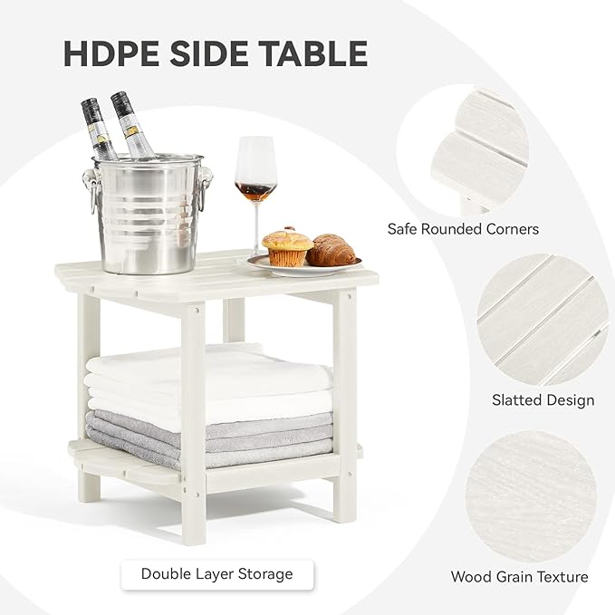 Small Outdoor Side Tables Modern 2-Tier Adirondack Table Rustic End Table HDPE Storage Shelf Industrial Corner Rectangle Coffee Table for Patio Garden Balcony Backyard Pool Farmhouse Home White