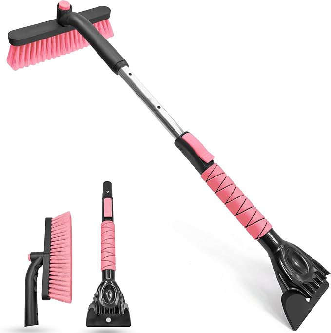 SEAAES 33 Inch Snow Brush and Ice Scraper for Car Windshield, Extendable Snow Scraper and Brush with Foam Grip for Truck SUV Vehicle Window - Pink