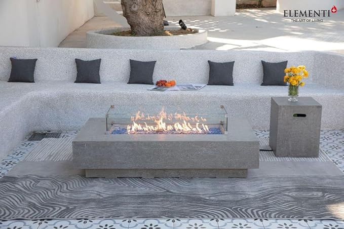 Elementi+ | Bundle Riviera Gas Fire Pit Cast Concrete 60" Rectangular Fire Table, Outdoor Fire Pit Electronic Ignition | Canvas Cover, Fire Glass and Burner Lid Included | Light Gray | Natural Gas