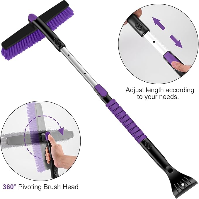 Odoland Ice Scraper with Snow Brush and Snow Shovel, 35" Extendable Snow Remover with Foam Grip, 360° Pivoting Brush Head for Car Windshield, Emergency Snow Scraper for SUV Truck Vehicle, Purple