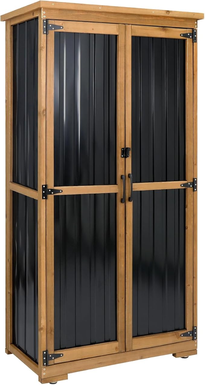 Outdoor Storage Cabinet Wood & Metal with Waterproof Roof, Garden Tool Shed with 3 Removable Shelves, 4 adjustable reinforced feet with metal brackets, 6 T-Hinge, magnetic door,15.6"D x 32.3"W x 66"H