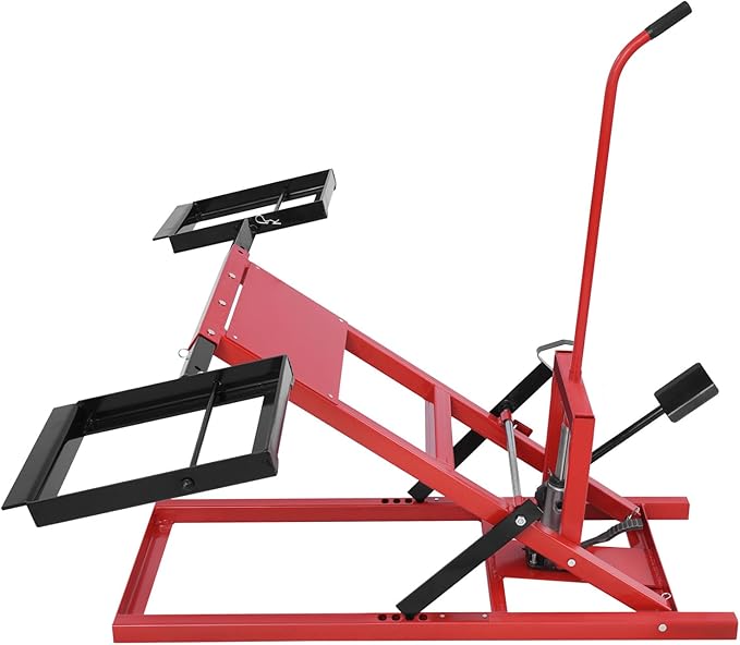 Lawn Mower Lift with Hydraulic Jack 500 Lbs Weight Capacity, Solid Carbon Steel Lawn Mower Lift, Adjustable Wheel Span Lawn Lifter for Riding Tractors and Zero Turn Lawn Mowers (Black+Red)
