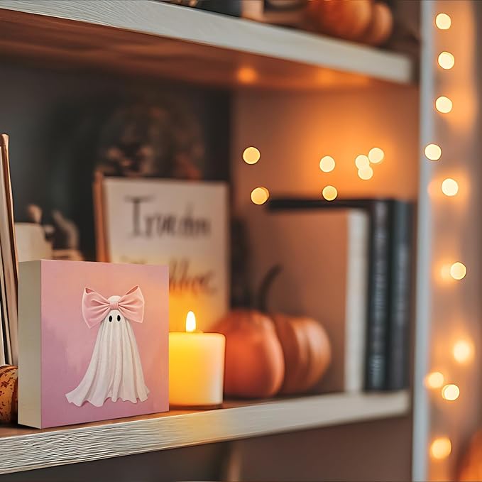Mtrgdn Cute Halloween Decor,Halloween Decorations Indoor,Pink Ghost with Bow Desk Decor Wooden Box Sign,Halloween Home Office Kitchen Bathroom Bedroom Coffee Bar Table Shelf Wall Decorations,5x5 Inch