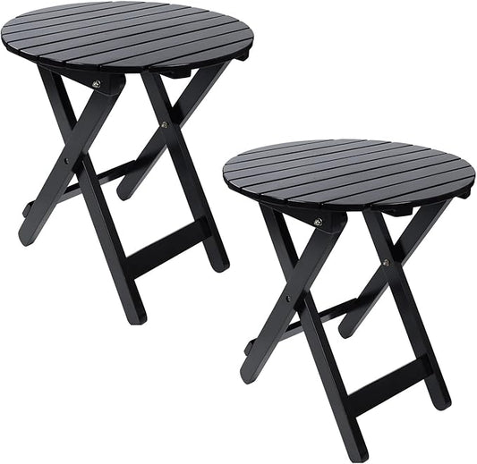 Outdoor Patio Side Table Set of 2 Small Folding Wood Round End Table Coffee Furniture for Living Room, Bedroom, Plant Stand, Camping Portable Black
