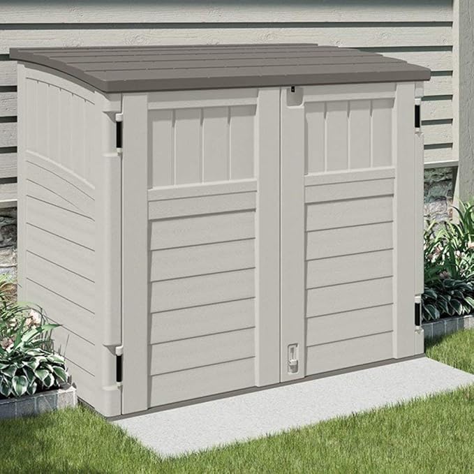 Suncast 4 Pack 34 Cu Ft Capacity Horizontal Outdoor Storage Shed for Garbage Cans, Garden Accessories, Backyard, and Patio Use, Vanilla