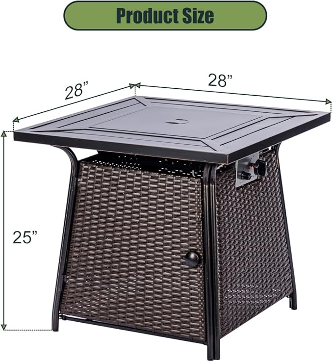 28 inch Wicker Propane Fire Pit Table,Gas Fire Pits Table for Outside,50000 BTU Propane Firepit with Lid &Lava Rocks,Gas Firepit for Garden,Yard (Brown Rattan)