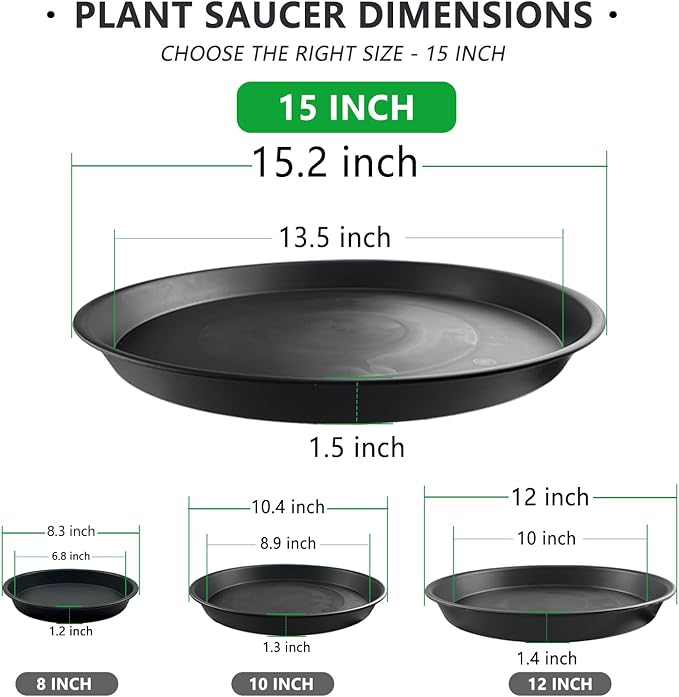 6 Pack 15-Inch Extra Large Black Plant Saucer Trays, Heavy Duty PP Plastic Saucers for Big Flower Pots, Durable Planter Water Catcher Dishes & Strong Garden Patio Drip Trays