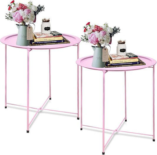 Garden 4 you End Table Set of 2, Outdoor Side Table, Small Patio Table Metal Side Table, Round Folding Side Table, for Outdoor and Living Room,Pink