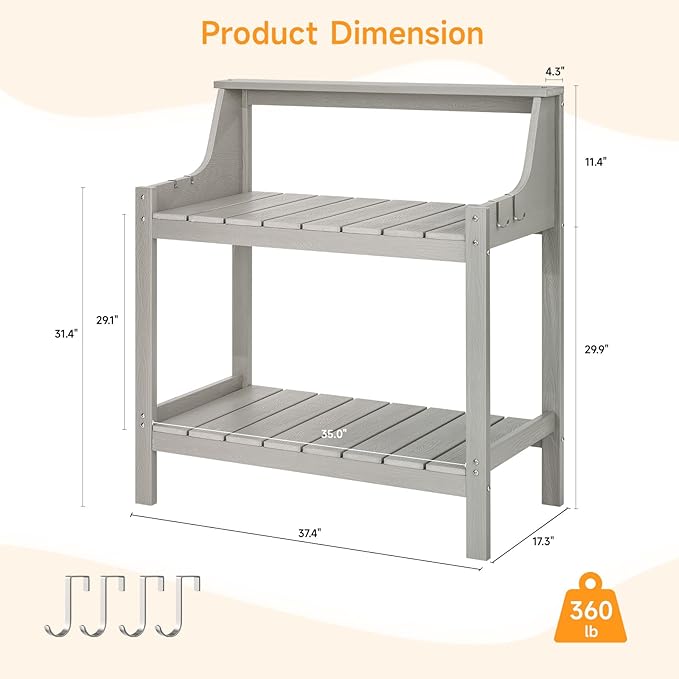 Potting Bench Table, HDPS Potting Bench with 4 Side Hooks, All-Weather Garden Table Work Station, Outdoor Potting Table for Porch, No Rust, No Fade, No Break, 360lbs Capacity (Grey, Large)