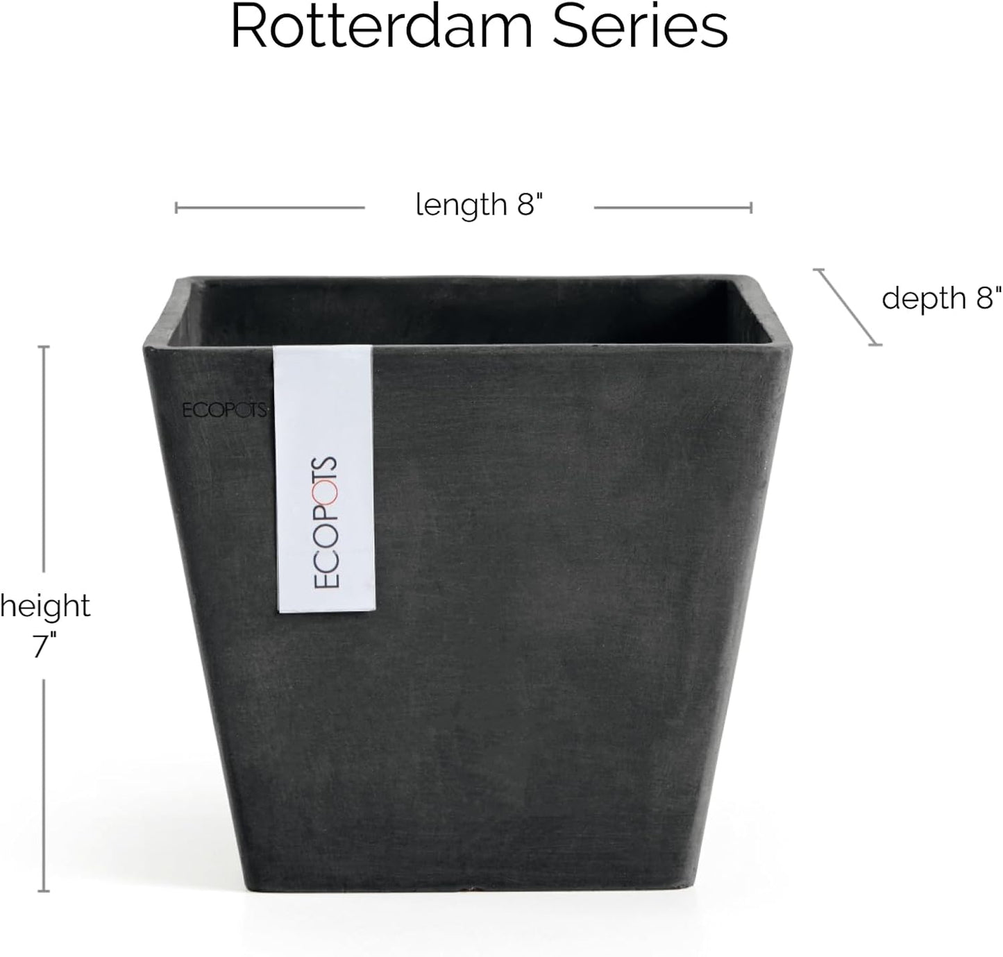 Ecopots Rotterdam Durable Modern Square Indoor/Outdoor Recycled-Based Composite Flower Planter, Dark Grey, 8"