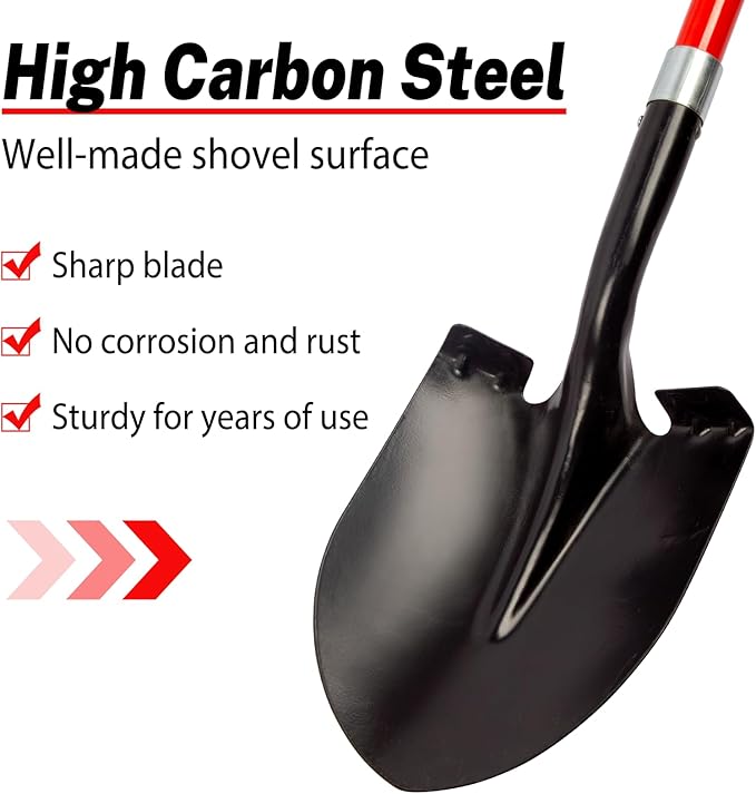 Heavy Duty Gardening Shovel, 56 Inch Round Blade with Fiberglass Handle (Red)