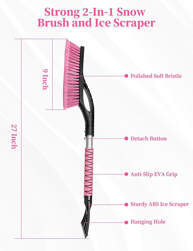 HEEYA 27 Inch Ice Scraper and Brush for Car, Snow Brush and Ice Scraper with Foam Grip, Detachable Snow Scraper for SUV Truck Jeep Vehicle Auto Windshield Window - Pink