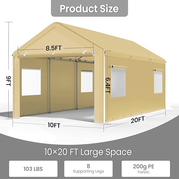 Carport 10x20 Ft, Heavy Duty Car Canopy with Reinforced Ground Bar, Portable Garage with Roll-up Windows and Removable Sidewalls, Galvanized Car Shelter, Large Outdoor Carports (Yellow)