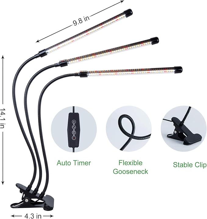 ELITUN Grow Lights for Indoor Plants, 3000k/5000k/660nm Full Spectrum Plant Light with 3/9/12H Timer, 9 Brightness Levels, Auto ON/Off, 3 Heads Clip 126 LEDs Plant Grow Lamps