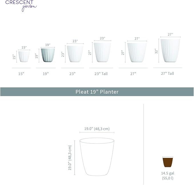Crescent Garden Pleat Modern Decorative Planter, Indoor/Outdoor Pot, Resin Plant Pot with Drain Hole - 19" W x 19" H (Ash)