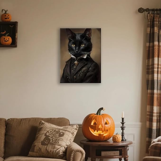 Black Cat Canvas Framed Wall Art Poster 11.5x15 Inch - Gothic Bathroom Decor, Dark Academia Home & Room Wall Decor Posters for Apartment, Cat Lover Gifts, Halloween Decorations