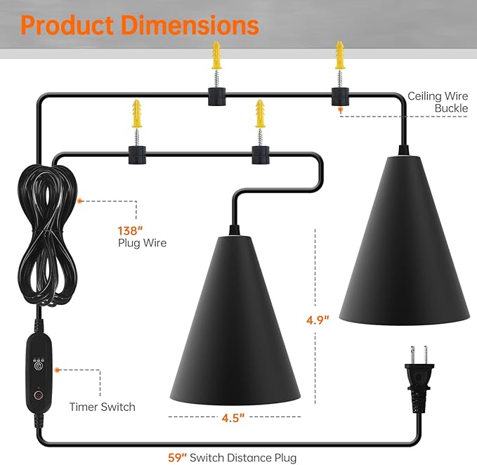 50W Double-Head Hanging Grow Lights for Indoor Plants, 3000K, Black LED Plant Light Bulbs with Timer and 16.4FT Power Cord, Perfect for Tall Plants, Gardens, Flowers, and Greenhouses