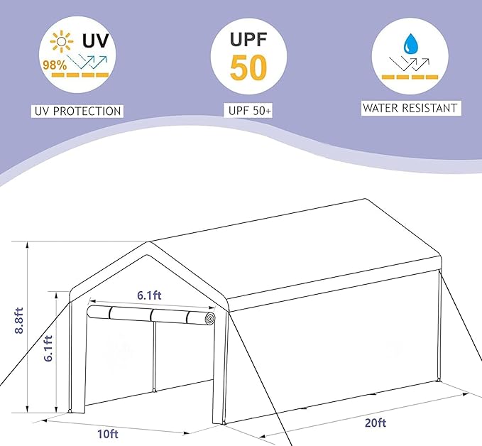LVUYOYO Carport, 10'x20' Heavy Duty Car Canopy, Outdoor Portable Carport with Removable Sidewalls, All Weather Garage Tent for Car, Truck, Boat, Party