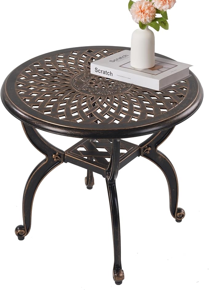 Cast Aluminum Outdoor Side Table,Small Patio Table,Outdoor Coffee Tables for Patio,Garden,Balcony, for All Weather (Copper, Round)