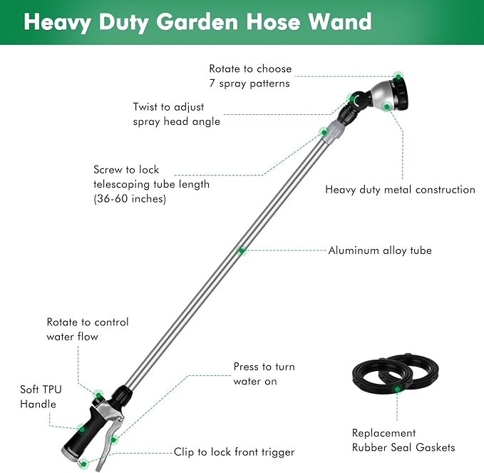 RESTMO Metal Watering Wand, 36”-60” Long Telescopic Tube | 180° Adjustable Ratcheting Head | 7 Spray Patterns | Flow Control, Perfect Garden Hose Sprayer to Water Hanging Baskets, Shrubs, Black