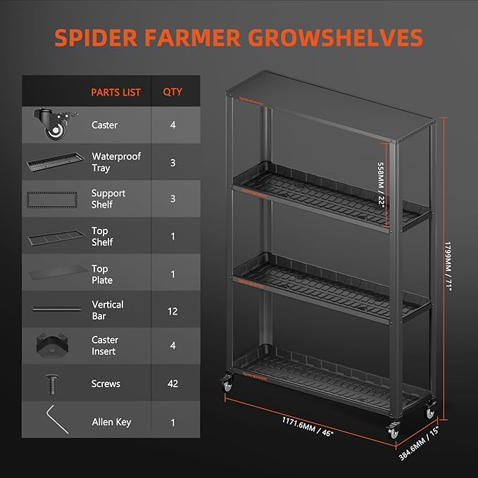 Spider Farmer Plant Stand 3 Tier Heavy-Duty Metal SF600 Plant Shelf With Waterproof Trays and Lockable Wheels For Flower Pot Display Easy Assembly Rack Black Indoor Outdoor 46Lx15Dx70H