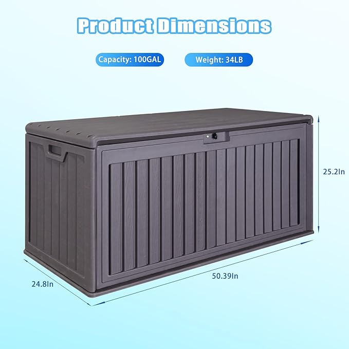 100 Gallon Waterproof Outdoor Storage Box, Outside Resin Deck Box for Patio Cushions, Garden Tools and Pool Supplies