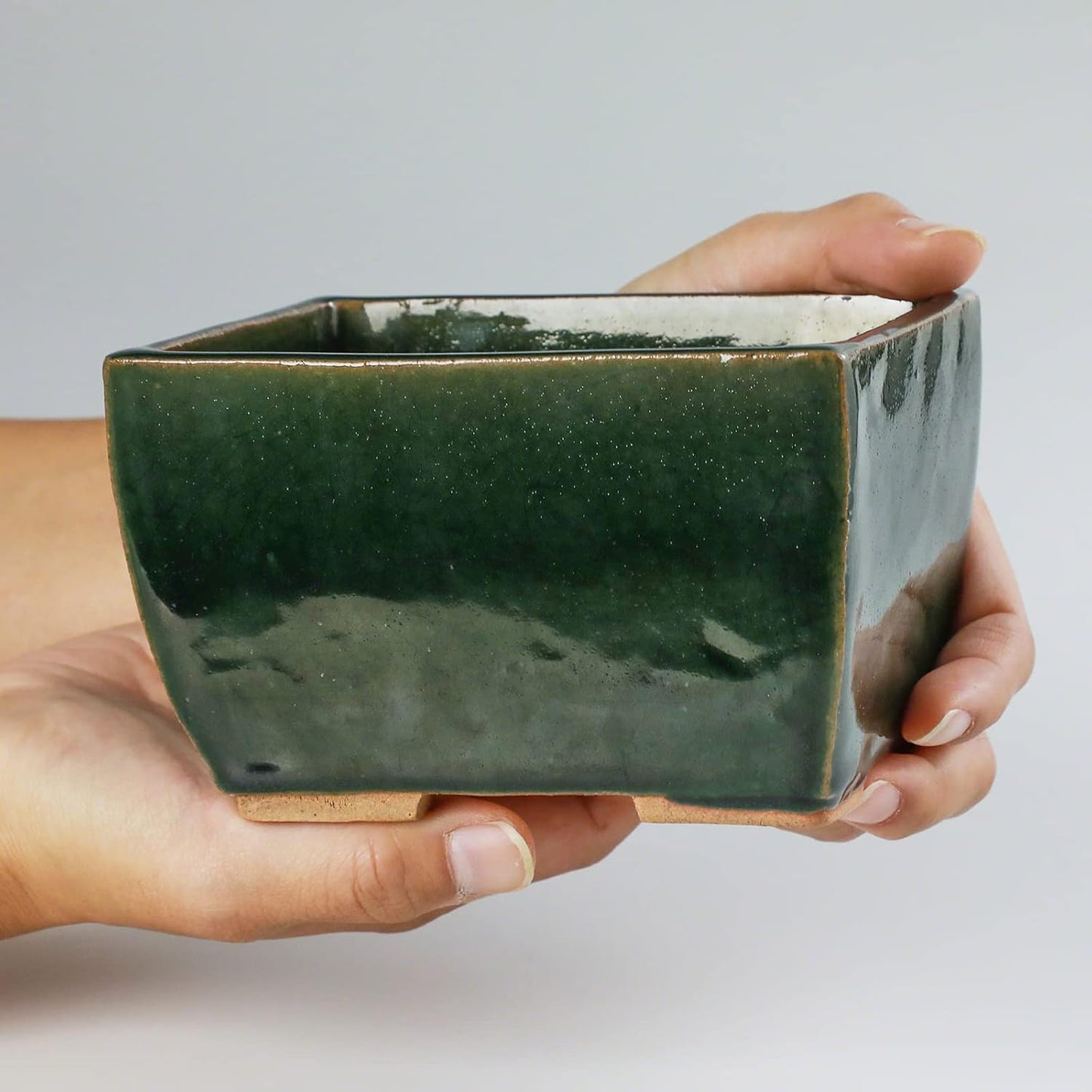 Wazakura Tokoname Series Small Handmade Rectangular Olive Green Glazed Bonsai Pot with Drainage Holes 5.3 in (135 mm) Made in Japan, Ceramic Garden Container, Decorative Flower Planter
