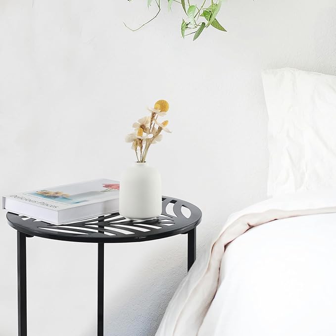 2 Packs 13" Metal Outdoor Side Tables Small Black Outside End Table for Patio Round Accent Garden Corner Stand for Small Spaces Weather-resistant Coffee Table for Balcony Porch Plant Stand