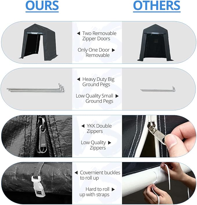 ADVANCE OUTDOOR 6X8 ft Outdoor Portable Storage Shelter Shed with 2 Rolled up Zipper Doors & Vents Carport for Motorcycle Waterproof and UV Resistant Portable Garage Kit Tent, Gray