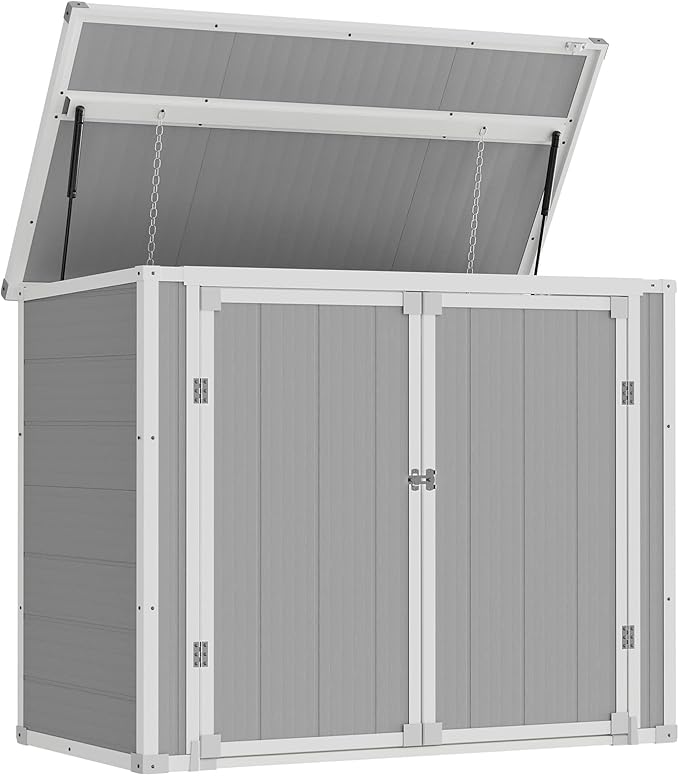 Amopatio 41 Cu Ft Horizontal Outdoor Storage Shed, Resin Trash Can Storage,Resin Shed for Garden Tools, Lawn Mowers, Garbage Cans, Patio Use, Grey