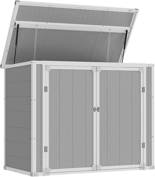 Amopatio 41 Cu Ft Horizontal Outdoor Storage Shed, Resin Trash Can Storage,Resin Shed for Garden Tools, Lawn Mowers, Garbage Cans, Patio Use, Grey