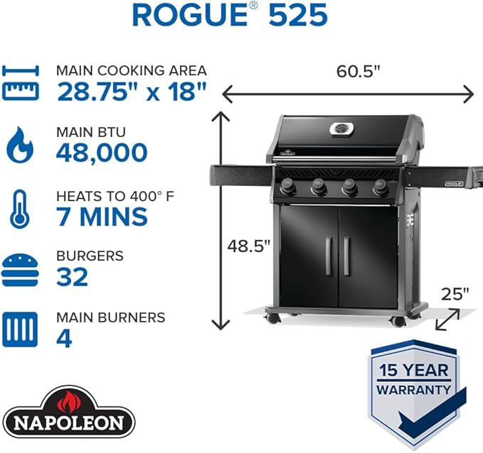 Napoleon Rogue 525 Natural Gas Grill, Black, Stainless Steel Grids, Durable 4-Burner BBQ