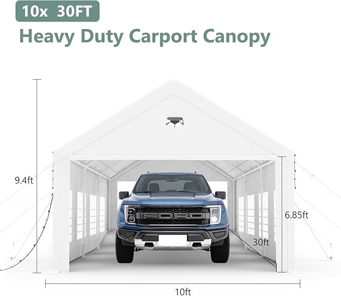 Carports 10X30 Heavy Duty,Car Ports with 180G Removable Side Walls,Carport Canopy,Car Shelter All Weather,Portable Car Port Garage,White