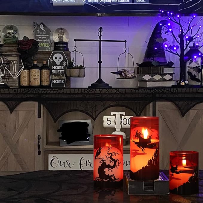 Eldnacele Halloween Flickering Candles with Witch, Crow Raven, Castle Decals, Red Glass Battery Operated Flameless LED Candles with Remote, Real Wax Candle Set of 3 Halloween Decorations