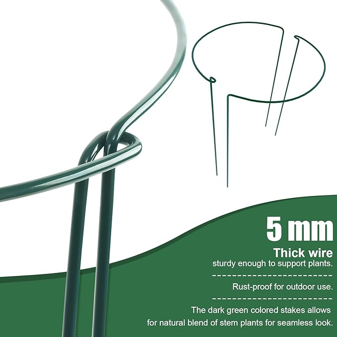 FEED GARDEN 12 Pack Plant Support Stakes, Peony Cages and Supports, Metal Garden Plant Stake(10" Wide x 16" High) Green Half Round Plant Support Rings for Outdoor Indoor Plants, Tomato, Hydrangea