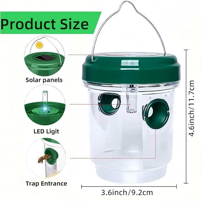 3 Pack Wasp Traps Outdoor Hanging, Solar Bee Trap for Outside with LED Light, Wasp Repellent, Bee Killer, Hornet Deterrent, Yellow Jacket Catcher, Reusable for Garden, Orchard, Indoor