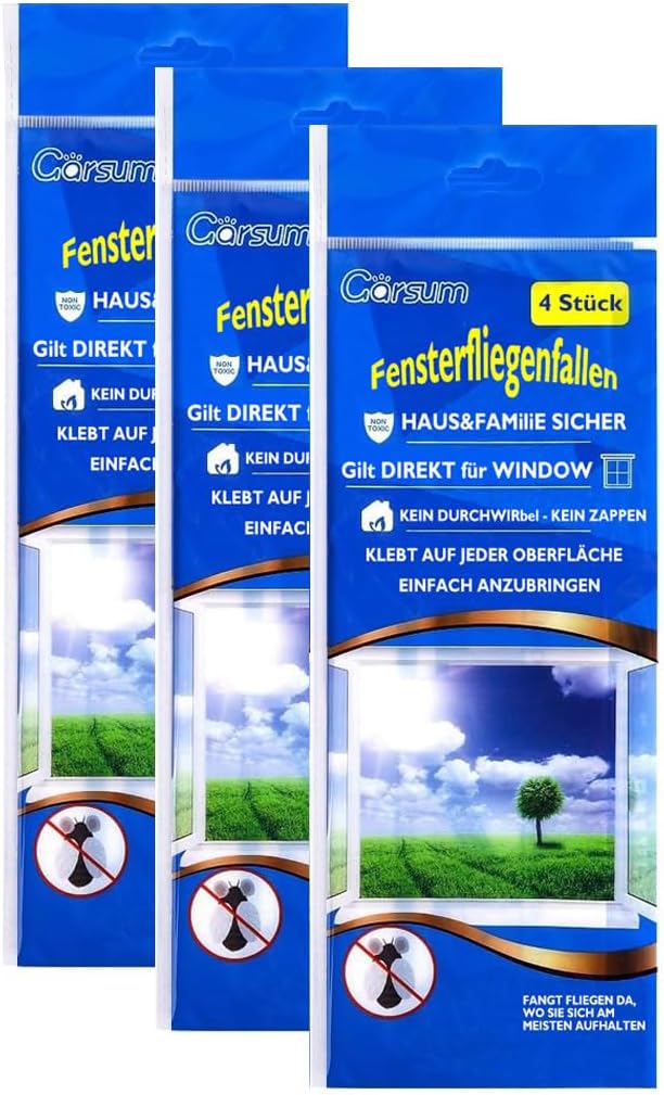 Garsum Window Fly Traps Indoor, 24 Pices Fly Paper Bug Sticky Strips, House Fly Killer Window Decal Non-Toxic,4 Piece per Pack Total