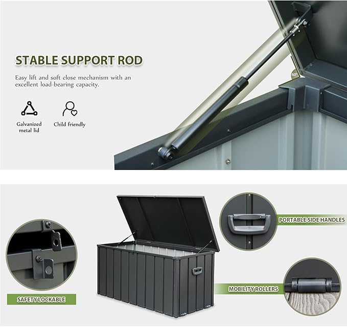 CHUNLY 120 Gallon Metal Deck Box, Waterproof Outdoor Patio Storage Box for Outside Cushions, Pool Supplies, Garden Tools, Lockable (Dark Gray)