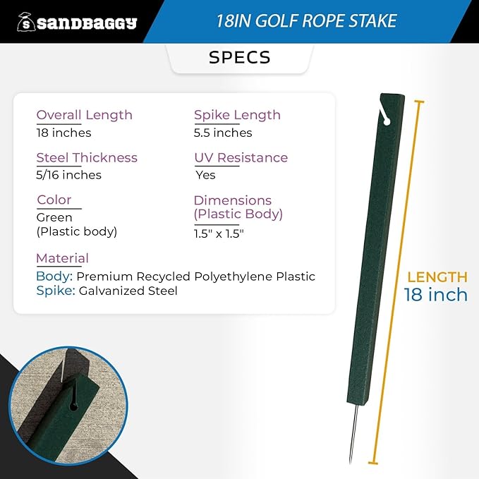 18" Golf Rope Stake - Square Stake (UV Resistant) - Sandbaggy (18-inch, 1, Count)