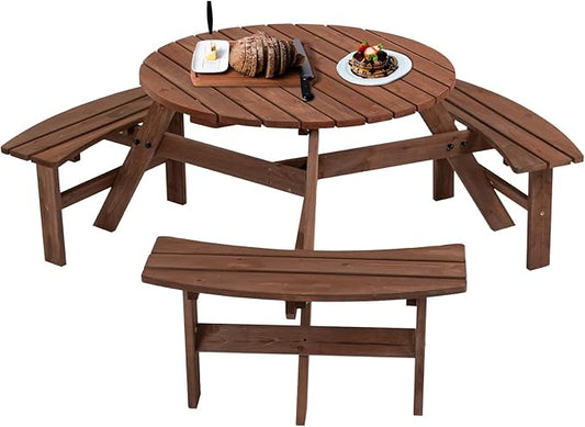 6-Person Outdoor Circular Wooden Picnic Table with 3 Built-in Benches Camping Dining Table for Garden Patio Backyard,Brown