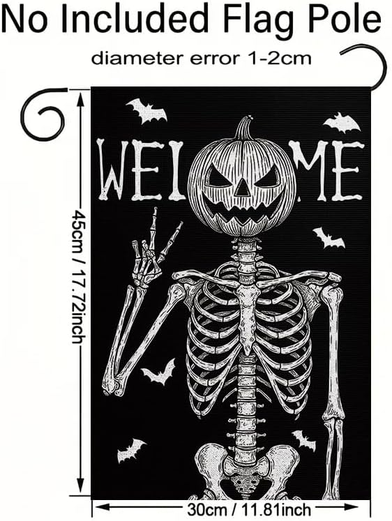 Halloween Welcome Garden Flag 12x18 Inch Double Sided, Grim Reaper Skeleton Pumpkin Yard Flag, Outdoor Porch Patio Lawn Decoration for Haunted House, Birthday Party, Holiday Seasonal Décor