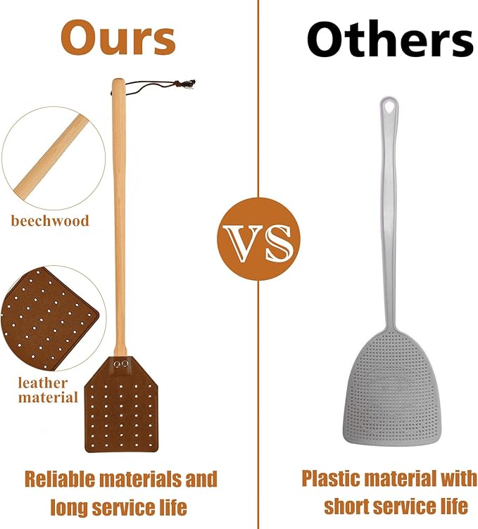 Heavy Duty Leather Fly Swatter, Long Handle Fly Swatter with Beech Wood Handle 19.7" Length, Flyswatter for Indoor and Outdoor (Brown)