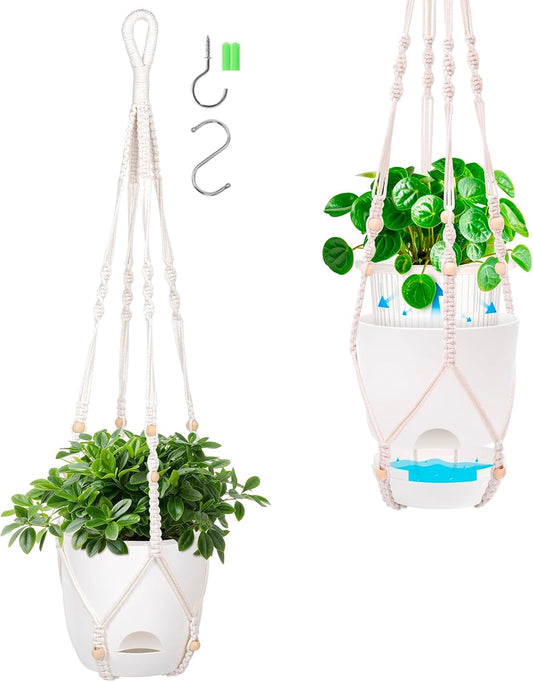 2-Pack 5.7-Inch Self-Watering Hanging Planters for Indoor & Outdoor Plants,34Inch Macrame Hanger Plant Pots Indoor with Drainage,Small Hanging Planters & Baskets,With Two Sets of Hooks（Pure white）